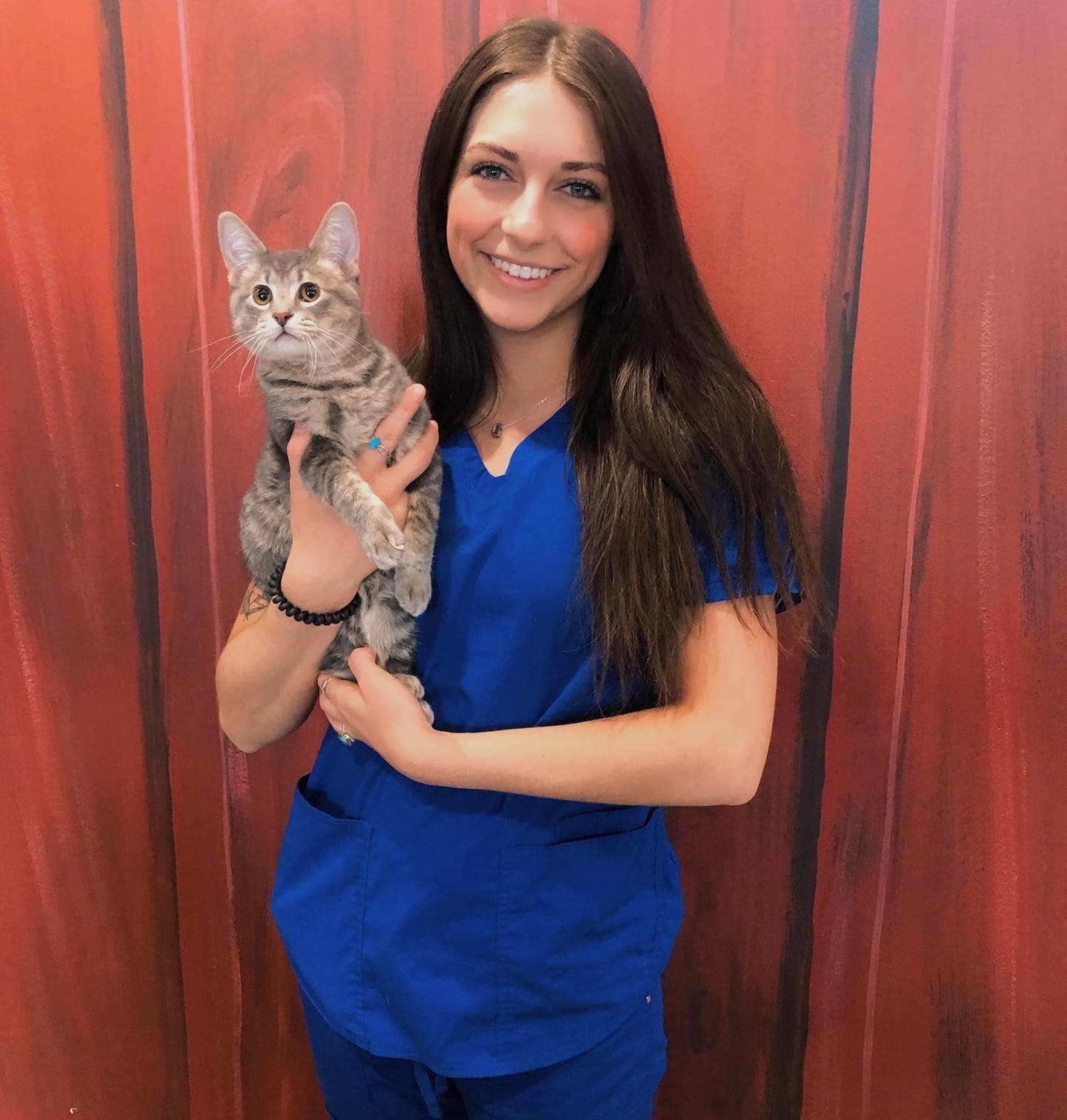 a person in blue scrubs holding a cat